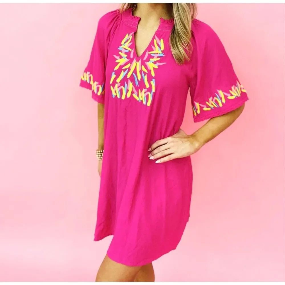 Jodifl Women’s Pink Short Sleeve Embroidered Dress Sz Large NEW